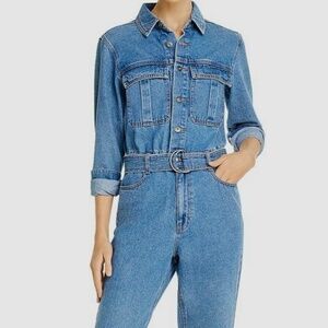 🍂Bardot Women Blue Denim Belted Long-Sleeve Crop Boiler Jumpsuit